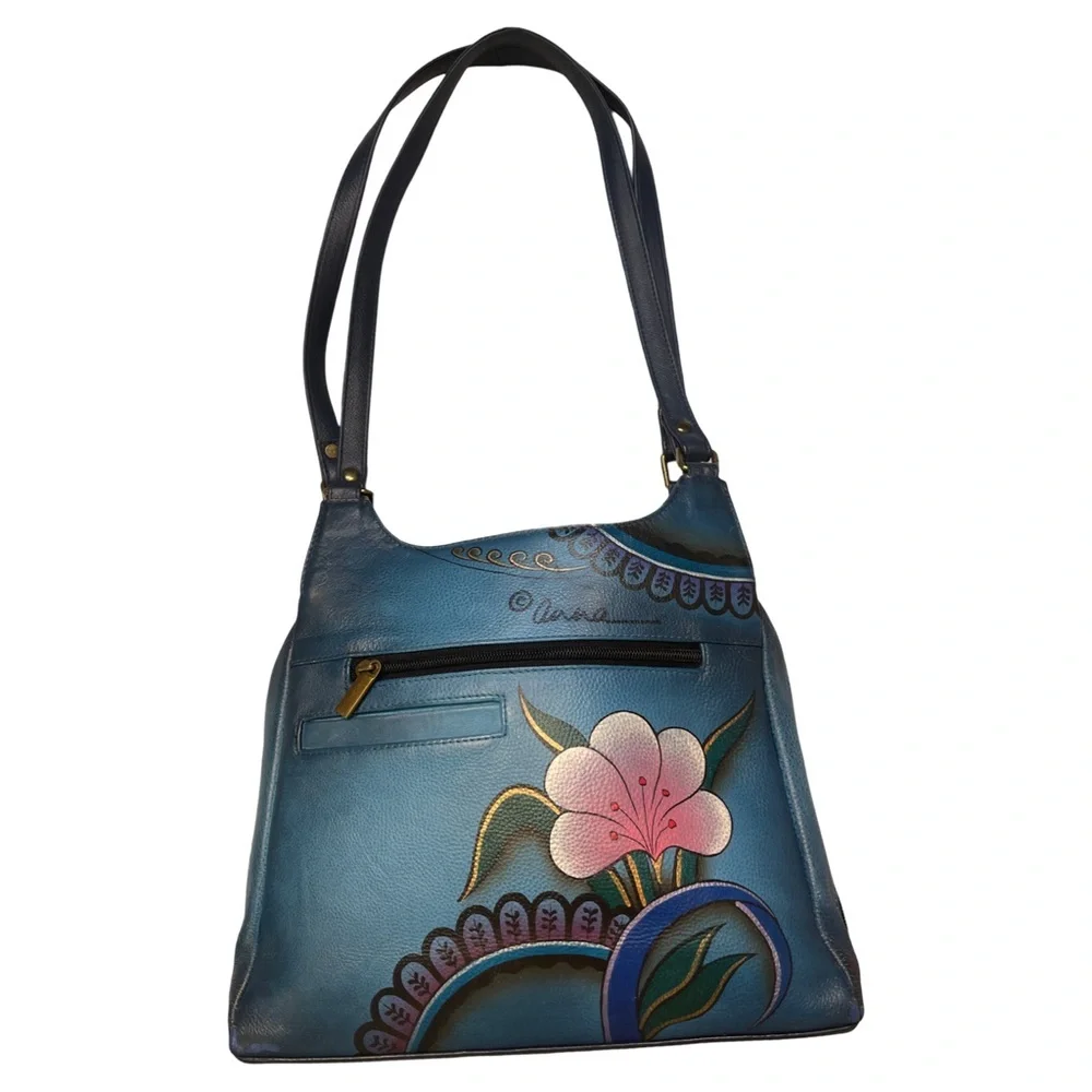 Anna by Anuschka Hand-Painted Blue Leather Hobo Bag - Picture 2 of 12